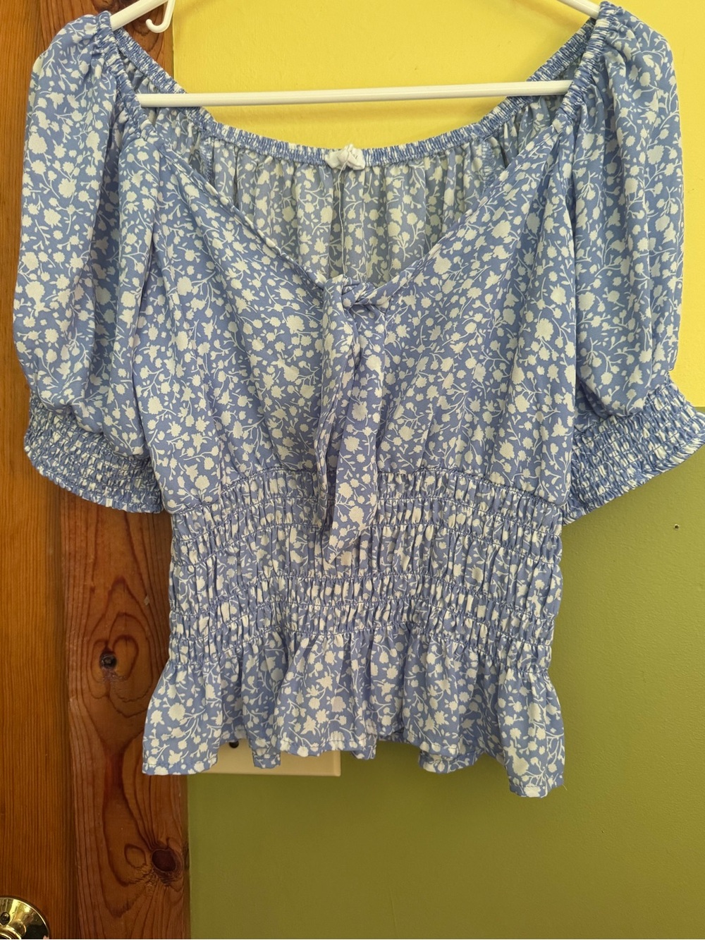 Sienna Sky Light Blue Floral Smocked Tie-Front Blouse